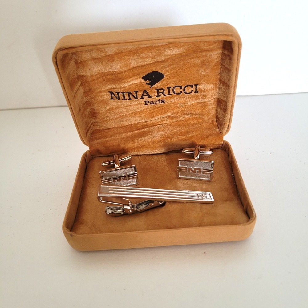 Nina Ricci Paris Vintage Silver Tone NR Logo Cufflinks and Tie Bar Set Germany